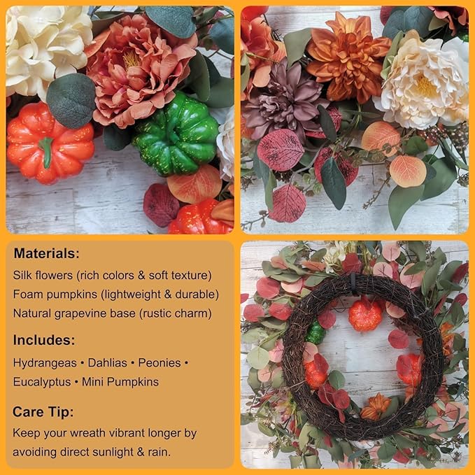 Fall Wreaths for Front Door 24 Inch with Realistic Pumpkin Hydrangea Peony Dahlia Flower, Thanksgiving Harvest Autumn Wreath for Indoor Outdoor Decor, Rustic Farmhouse Seasonal Decoration-Ruum Studio Home
