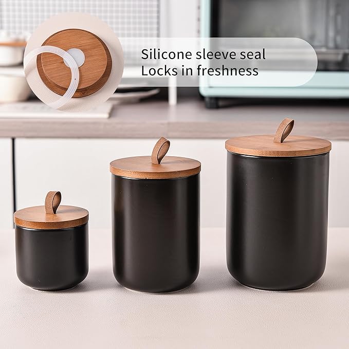 Black Ceramic Canister Set with Bamboo Lids, 3-Piece Airtight Food Storage Jars for Kitchen - Flour, Sugar, Coffee, Tea, Spice - Small, Medium, Large Sizes-Ruum Studio Home