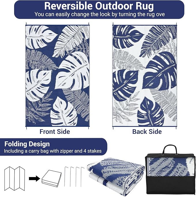 GAOMON Waterproof Plastic Straw Rug 9x12 Outdoor Patio Rugs, Reversible Modern Camping Mat with Bag & Stakes, UV Resistant & Easy to Clean Outdoor Carpet for RV, Deck, Balcony, Blue-Ruum Studio Home