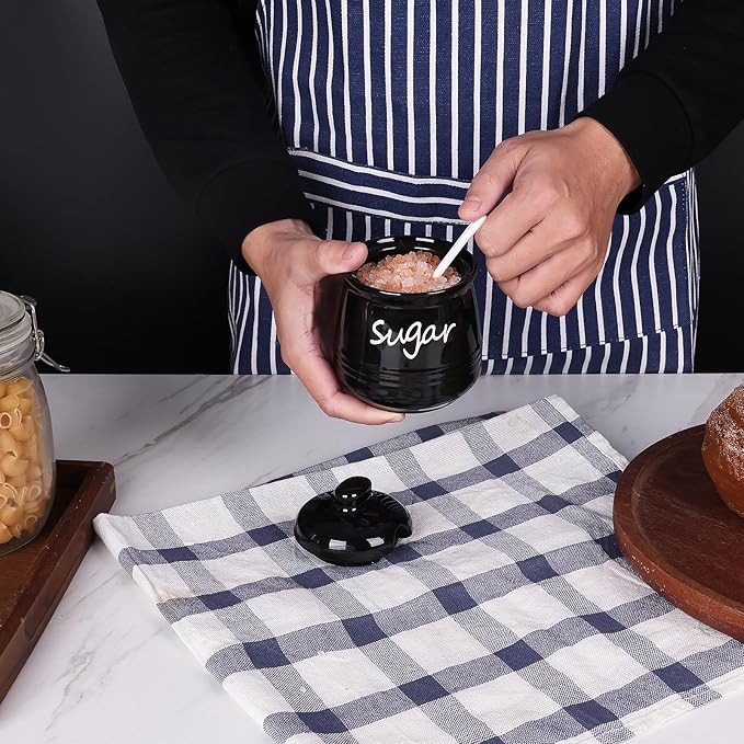 HAOTOP 12oz Sugar Bowl with Lid and Spoon,Ceramic Sugar Jar Sugar Dispenser Sugar Container Coffee Bar Accessories, Kitchen Countertop Canisters, Black-Ruum Studio Home