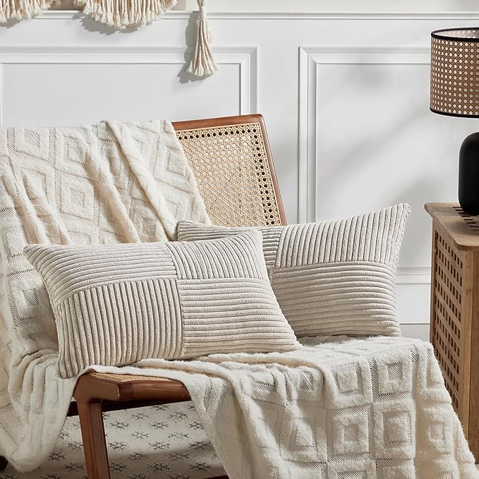 Fancy Homi 2 Packs Neutral Taupe Lumbar Decorative Throw Pillow Covers 12x20 Inch for Living Room Couch Bed Sofa, Farmhouse Home Decor, Soft Striped Corduroy Rectangle Accent Cushion Case 30x50 cm-Ruum Studio Home