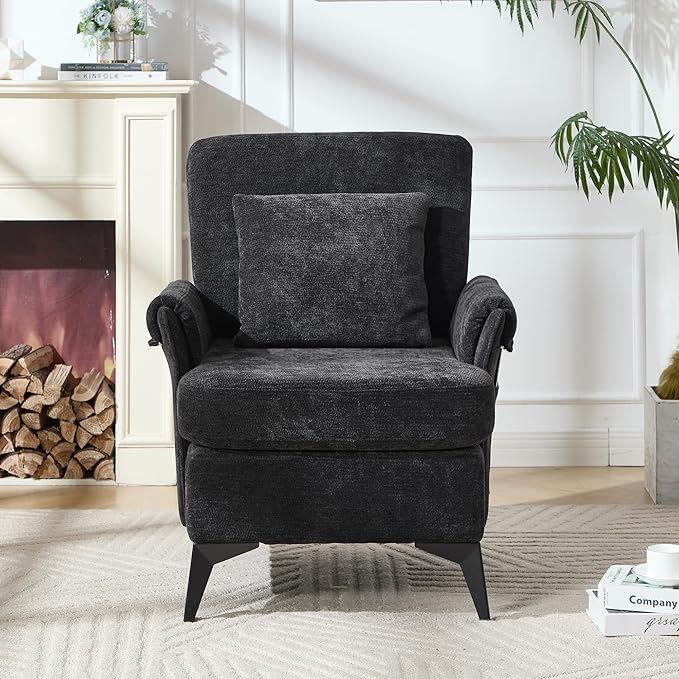 KCC Mid-Century Accent Chairs,Chenille Modern Upholstered Single Sofa,Cozy Armchair with Back for Bedroom/Office/Cafe,Black-Ruum Studio Home