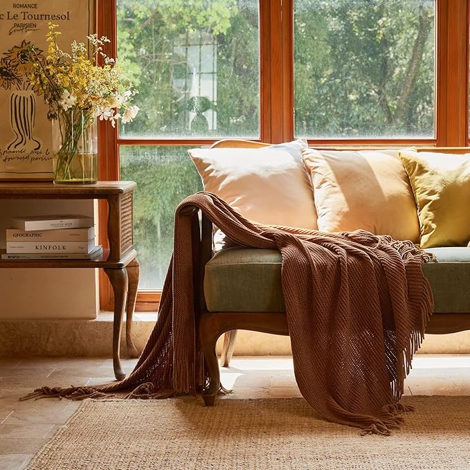 lifein Throw Blanket for Couch, Soft Boho Decor Bed Throw,Cozy Brown Knitted Chenille Small Farmhouse Lightweight Throw for Spring(Golden Brown,60 * 80")-Ruum Studio Home