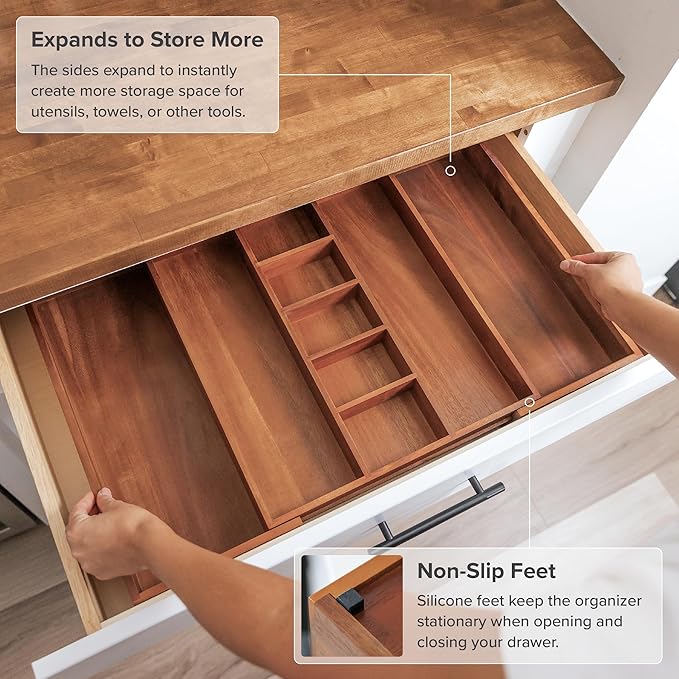 Adjustable Kitchen Drawer Organizer for Utensils and Junk, Food-Safe Contract Grade with 100% Sustainable Wood, Non-Slip, Expandable from 16" to 28" Wide - Natural Acacia-Ruum Studio Home