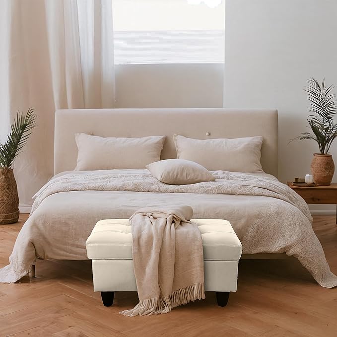 Ottoman Rectangular Storage Ottoman Bench, Faux Leather Footrest, Coffee Table, Stool Footstool with Hinged Lid for Living Room, Bedroom, Entryway, Champagne, 35"x23.5"x17.5"-Ruum Studio Home