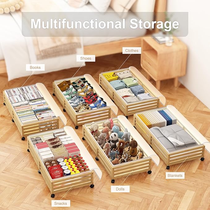 Under Bed Storage Containers With Wheels - 2 Pcs Large Bamboo Wood Rolling Underbed Shoe Storage Bins With Dust Bags for Clothes Blankets, Duvet Covers Snacks Toys (Natural)-Ruum Studio Home