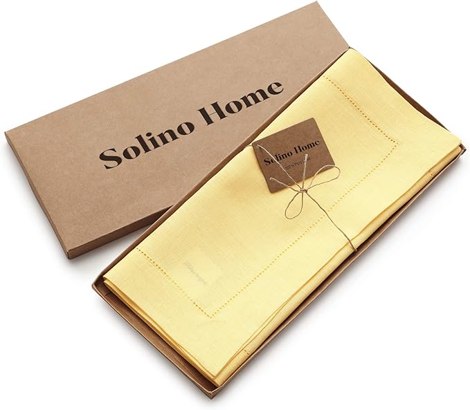 Solino Home Linen Yellow Table Runner 60 Inches - Classic Hemstitch, 100% Pure Linen Coffee Table Runner 14 x 60 Inch Ideal for Dresser Tables-Ruum Studio Home