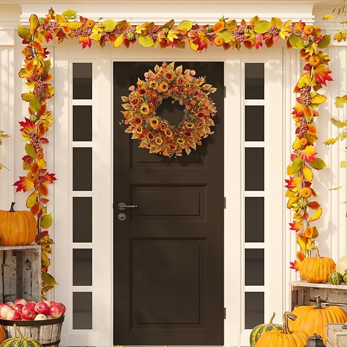 22 inch Artificial Fall Wreaths for Front Door,Autumn Wreath with Eucalyptus Leaves and Chrysanthemum Suitable for Indoor Outdoor Harvest Festival Thanksgiving Day Farmhouse Holiday Decor.-Ruum Studio Home