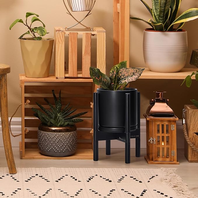 D'vine Dev Ceramic Planter with Ebony Stand - 8 Inch Modern Round Flower Pot with Wood Planter Holder, Black, 55-B-M-2-Ruum Studio Home