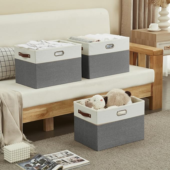 Large Collapsible Fabric Storage Bins with 3 Handles, Foldable Organizer Baskets for Closet, Shelves, Living Room | 3 Pack, Durable PU & Metal Handles (17"x11.8"x11.8", Gray & White)-Ruum Studio Home