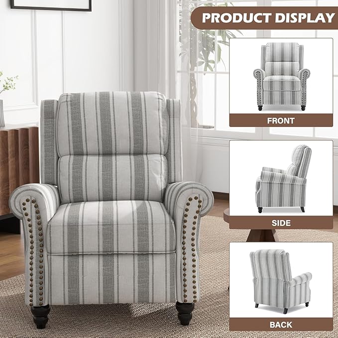 UIXE Pushback Recliner Chair Push Back Accent Chair, Fabric Overstuffed Armchair for Living Room, Rivet Trim Club Chair Home Theater Single Sofa Bedroom Reading Seat - Stripe Gray-Ruum Studio Home