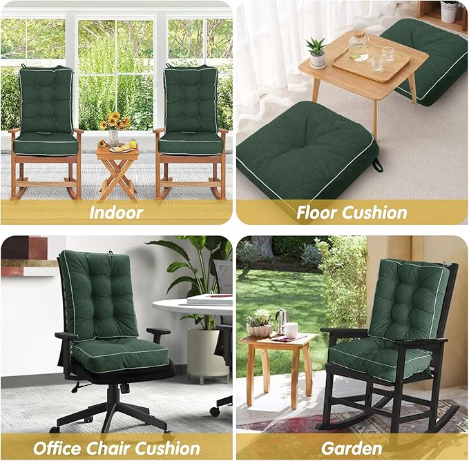 YZ HOME Rocking Chair Cushion, Set of Thicken Seat & Back Chair Cushions with Memory Foam, Non-Slip Chair Pad with Ties for for Indoor&Outdoor Rocker, Dark Green, 22x17x5/17x17x5-Ruum Studio Home