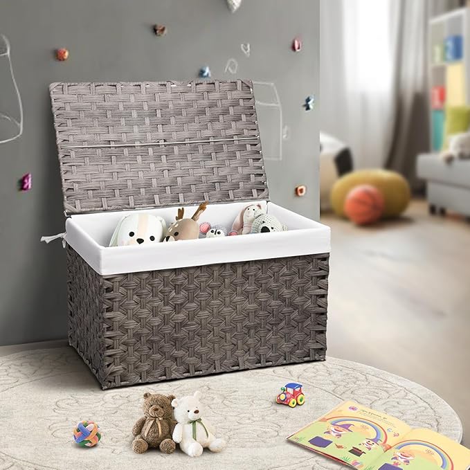 Wicker Storage Basket with Lid, 42.3 Gallon (160L) Large Blanket Basket with Lid, Woven Storage Bin with Handles, Removable Liner, Metal Frame, Foldable, for Bedroom, Laundry Room, Grey-Ruum Studio Home