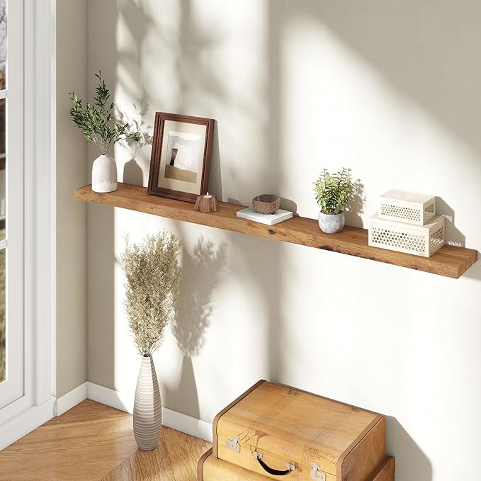 72" Floating Shelves, Live Edge Elm Wood Floating Shelf for Wall, Wall-Mounted Display Shelves with Invisible Heavy-Duty Bracket, Long Floating Shelf for Bathroom, Kitchen, Living Room, Natural Color-Ruum Studio Home