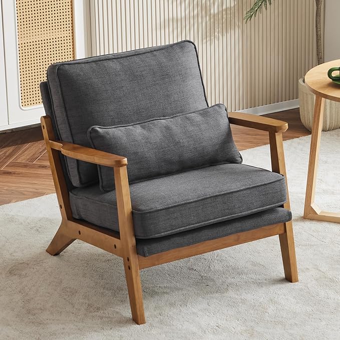Karl home Accent Chair Wide Armrest Mid-Century Lounge Chair Linen Fabric Armchair with Lumbar Pillow & Solid Wood Frame for Living Room, Bedroom, Balcony, Gray-Ruum Studio Home