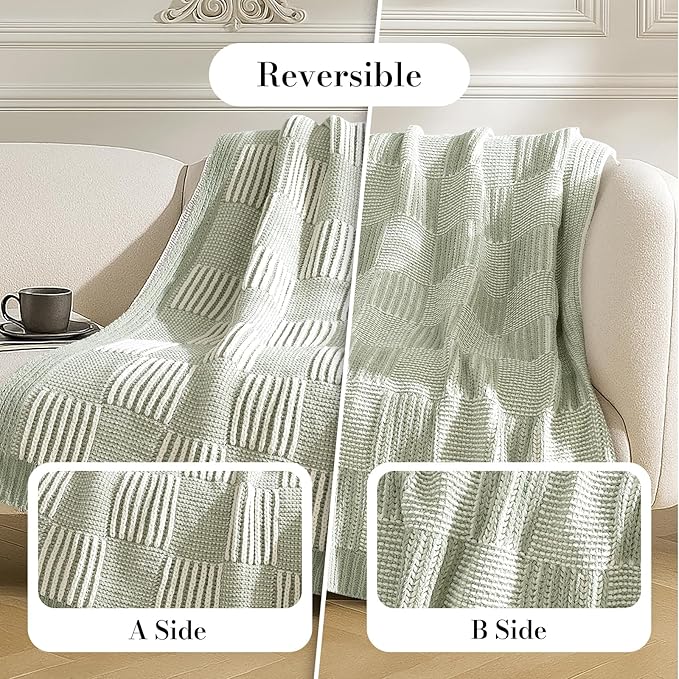 Amélie Home Chenille Knit Throw Blanket for Couch, Checkered Texture Decorative Soft Blanket for Sofa, Bed & Living Room, 50"x60", Sage Green & White-Ruum Studio Home