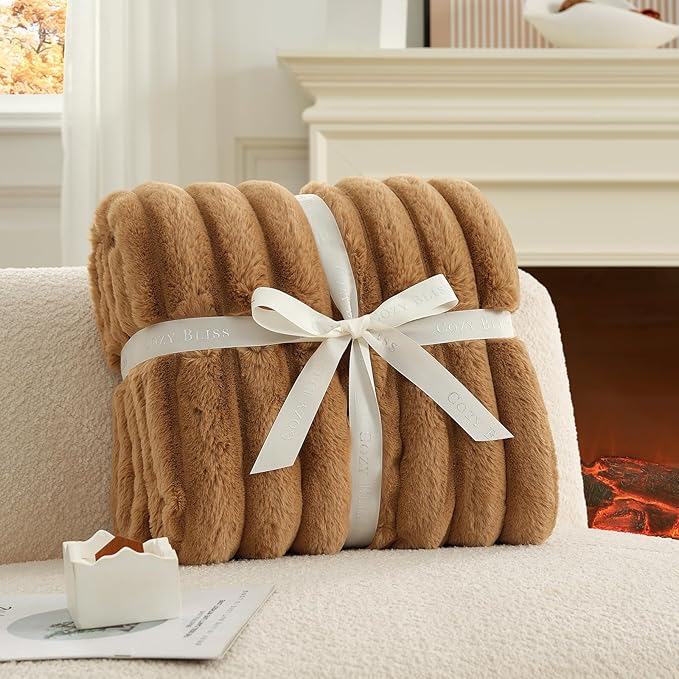 Cozy Bliss Faux Fur Throw Blanket for Couch, Cozy Warm Plush Striped Blanket for Sofa Bedroom Living Room, 60 * 80 Inches Toasty Brown-Ruum Studio Home