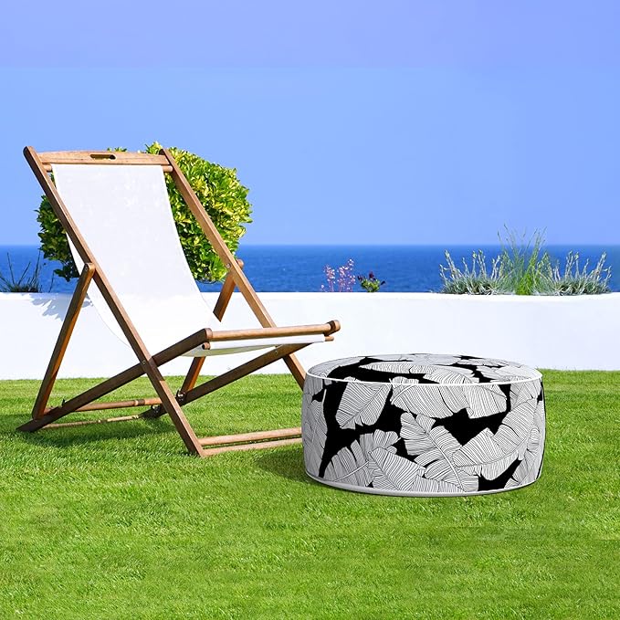 LVTXIII Inflatable Stool Ottoman Footrest with Handle, Indoor or Outdoor Foot Rest for Home Patio Garden and Camping, D21 x H9, Black Lush Leaf Jungle-Ruum Studio Home