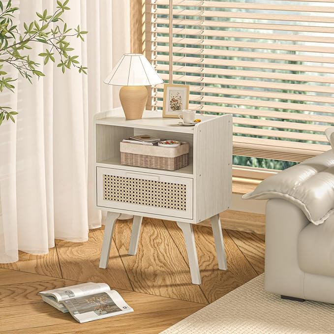 Lerliuo Rattan Nightstand, Side Table with Drawer Open Shelf, Cane Accent Bedside End Table with Solid Wood Legs, Mid Century Modern Night Stand for Bedroom, Dorm and Small Spaces (Grey White)-Ruum Studio Home