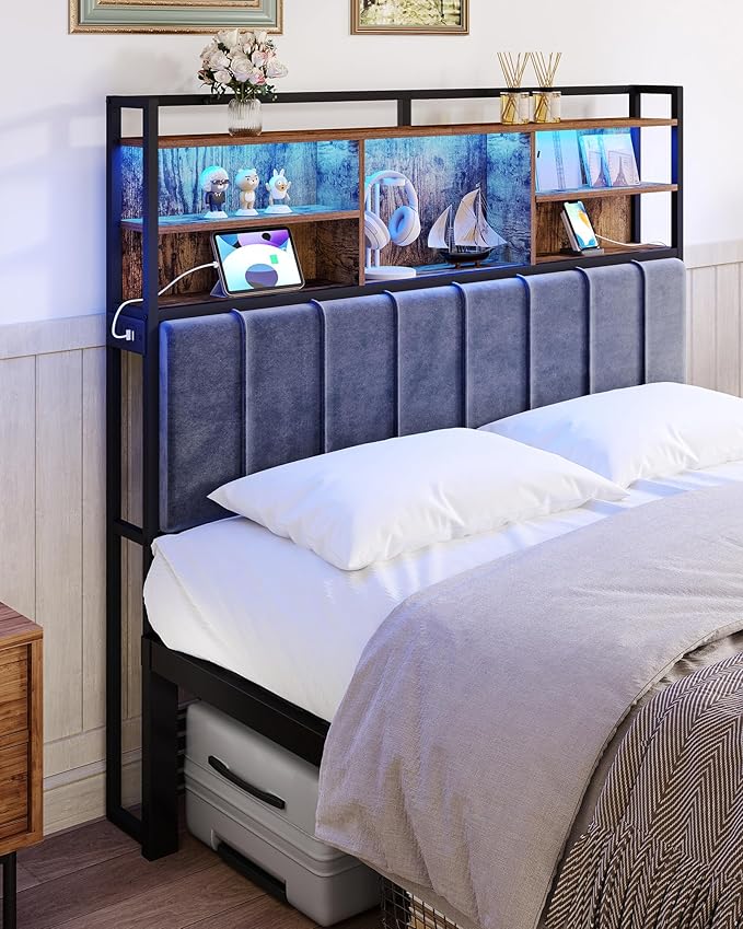 Headboard with 3-Tier Storage Shelves, Velvet Upholstered Head Board with 2 Outlets, USB Ports & LED Light, Soft Backrest for Queen Size Bed, Rustic Brown and Black BH15201BV1-Ruum Studio Home