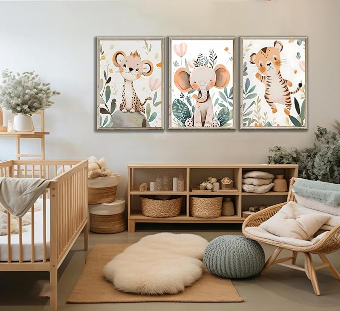 3 Pcs Safari Animals Nursery Canvas Wall Art Jungle Animals Cheetah Elephant Tiger Kids Room Illustration Pictures Wall Decor Posters Print Artwork for Classroom Boy's Girl's Room Bedroom-Ruum Studio Home