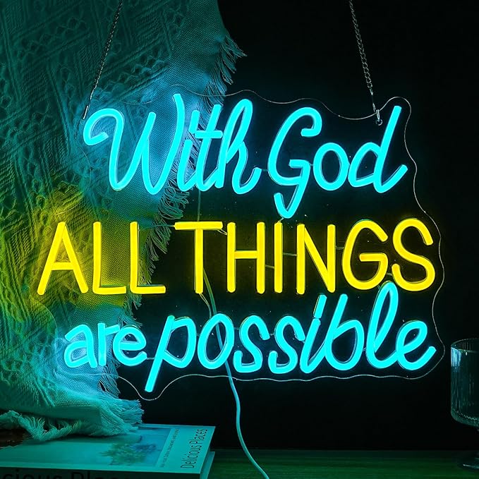 With God All Things Are Possible Neon Sign 16.5 * 12.6 Inch Led God Light Up Sign Dimmable USB Neon Light for Room Wedding Party Church Wall Decor (Ice Blue Yellow)-Ruum Studio Home