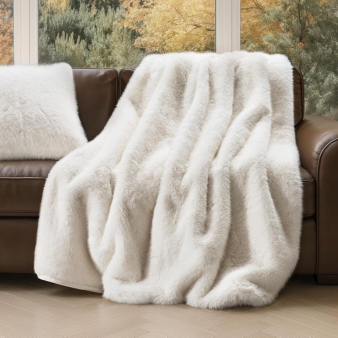 Luxury Faux Fur Throw Blanket, Soft Fluffy Faux Mink Blankets for Bed, Couch, Sofa, Thick Cozy Plush Warm Fur Throws with Reversible Velvet, Ivory Mink, 50"x60"-Ruum Studio Home