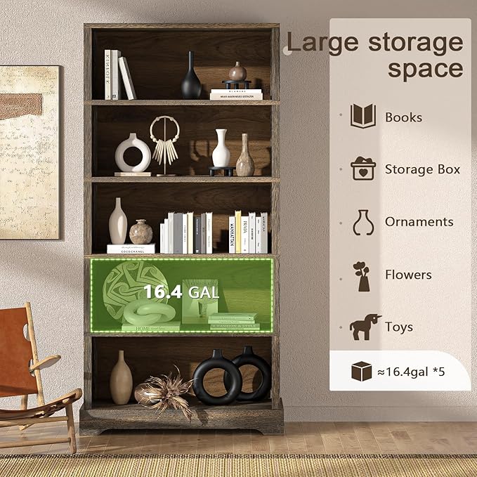 TVU 5-Shelf Wood Bookcase, 65 Inch Tall Bookshelf with Storage, Floor Standing Display Book Shelf, for Living Room Bedroom Study Office, Rustic Brown-Ruum Studio Home