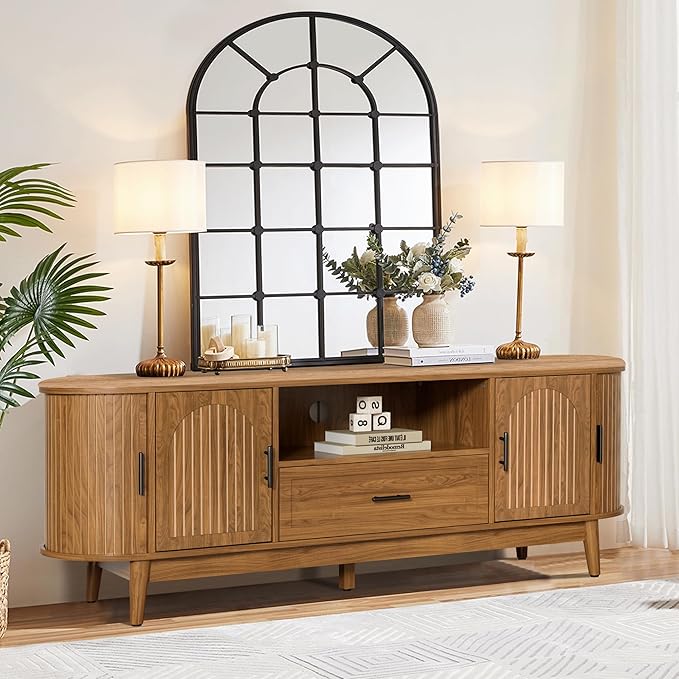 63" Fluted TV Stand for Tvs up to 70", Mid-Century Modern Entertainment Center with Drawers and Fluted Doors, Curved TV Media Console Table with Sliding Doors for Living Room, Bedroom (63")-Ruum Studio Home