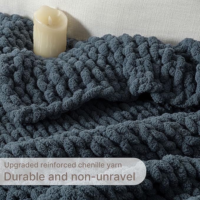 Chunky Knit Blanket Throw, 100% Hand Knit Throw Blanket Handmade Chenille Cable Knit Throw for Couch, Stylish Cozy Soft Rope Knot Crochet Blanket for Home Decor, Blue Mirage, 60x80 Inches-Ruum Studio Home