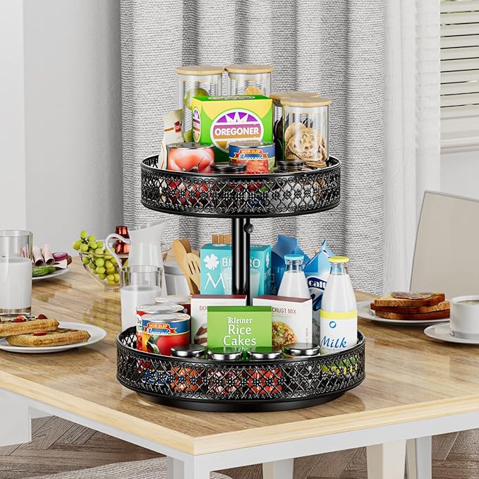 Lazy Susan Organizer 2 Tier - Turntable Spice Rack 12 inch Adjustable Metal Rotating Lazy Susan for Cabinet Pantry Kitchen Countertop Dining Table Cupboard Bathroom Vanity Storage Black-Ruum Studio Home