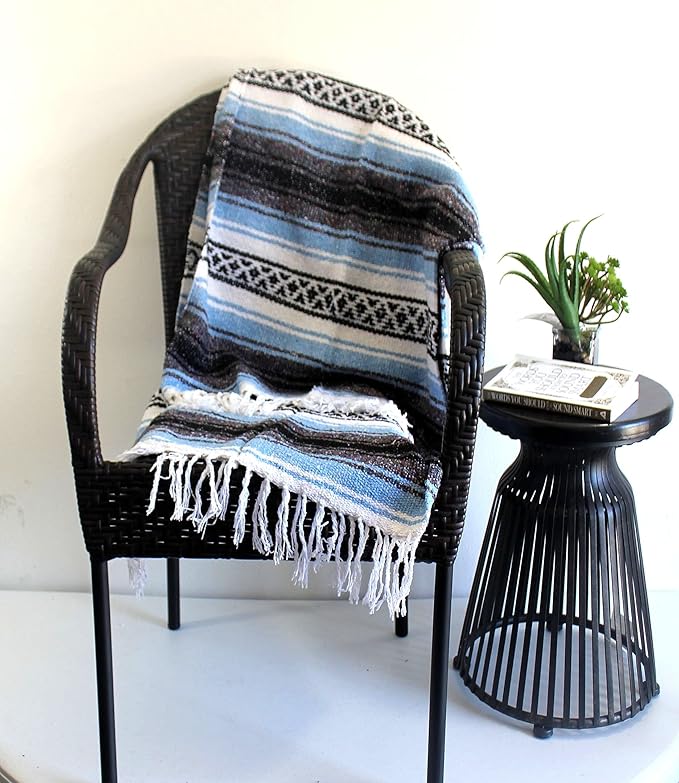 Del Mex Classic Mexican Blanket, Large Authentic Woven Falsa Throw (70"x50"), Artisan Southwest Décor for Beach, Yoga, Outdoors (Light Blue)-Ruum Studio Home