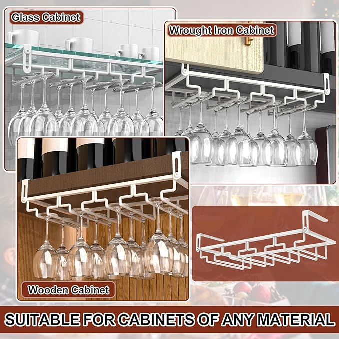 AUHOKY 2Pcs Adjustable Wine Glass Rack Under Cabinet, Punch-Free 4 Rows Stemware Wine Glass Metal Holder, Hanging Wine Glasses Storage Hanger Organizer for Shelf Kitchen Bar Decor(White, 4 Rows)-Ruum Studio Home