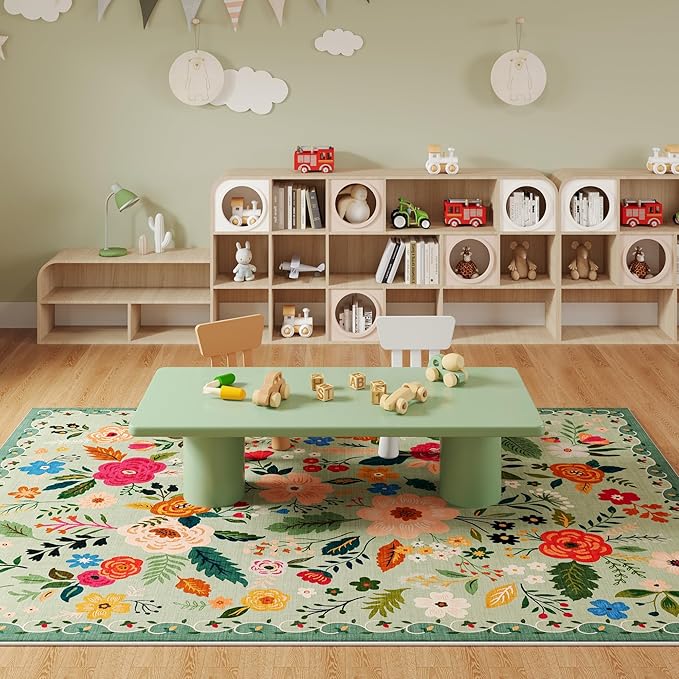 Living Room Rug 6x9 Rug Machine Washable Boho Area Rug Non Slip Floral Vintage Low Pile Large Rug for Living Room, Bedroom, Farmhouse, Dining Room, Kids Playroom(Green)-Ruum Studio Home