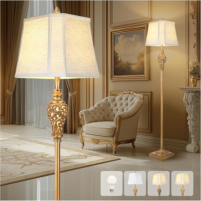 Vintage Farmhouse Floor Lamp with Nightlight, 65" Tall Standing Lamp with White Linen Fabric Shade, Antique Gold Finish, Elegant Reading Corner Light for Living Room, Bedroom, Office (Bulb Included)-Ruum Studio Home