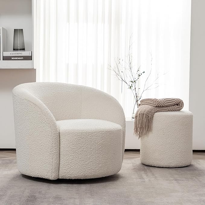 KINWELL 34" Boucle Swivel Barrel Chair with 18" Round Ottoman Set, Fully Assembled Set of Sherpa Accent Chair and Footrest, Modern Comfy Armchair and Footstool for Living Room and Bedroom, Cream-Ruum Studio Home