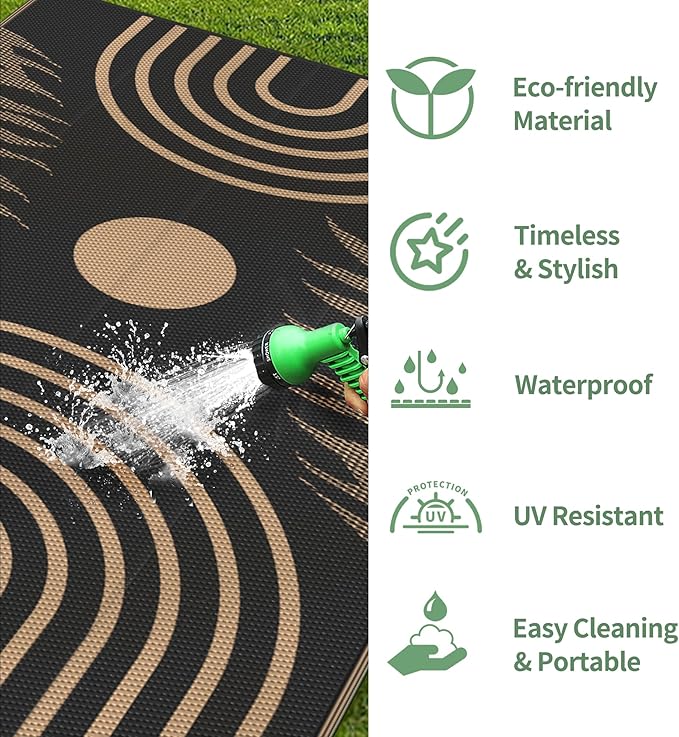 GENIMO Outdoor Rug 9' x 12' Waterproof for Patio Clearance, Reversible Lightweight Plastic Straw Camping Carpet, Large Area Rugs Mats for Rv, Backyard, Deck, Porch, Picnic, Balcony, Mix-Black & Brown-Ruum Studio Home