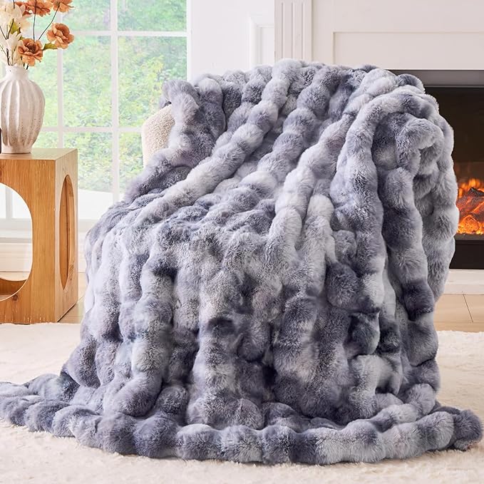 BENVWE Fluffy Faux Fur Throw Blanket for Couch - Soft, Plush, Thick, Cozy, Fuzzy Luxury Minky Bubble Blanket for Home Living Room Decor, Gifts for Women, Tie-dye Light Grey, 51" x 63", 1100GSM-Ruum Studio Home