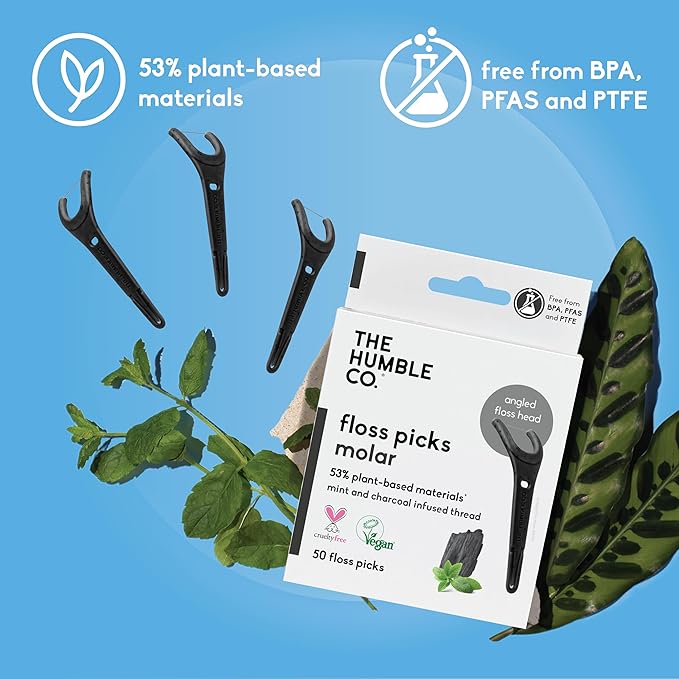 The Humble Co. Floss Picks (200 Count) – Plant Based Dental Floss Picks with Grip Handle for Superior Oral Care, Dental Hygiene, and Gum Health, Cruelty Free Tooth Floss Picks (Charcoal)-Ruum Studio Home