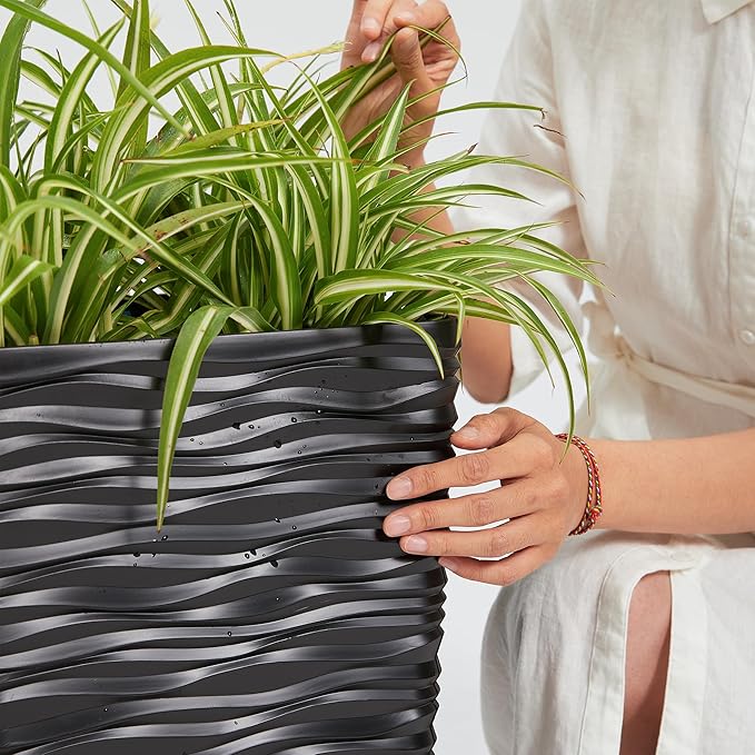 Worth Garden 2-Pack Black Tall Planter - Plastic Square Tapered Tree Plant Pots for Indoor Outdoor - 22" H - Modern Wavy Finish Decorative Flower Pots for Front Porch Containers Patio Deck-Ruum Studio Home