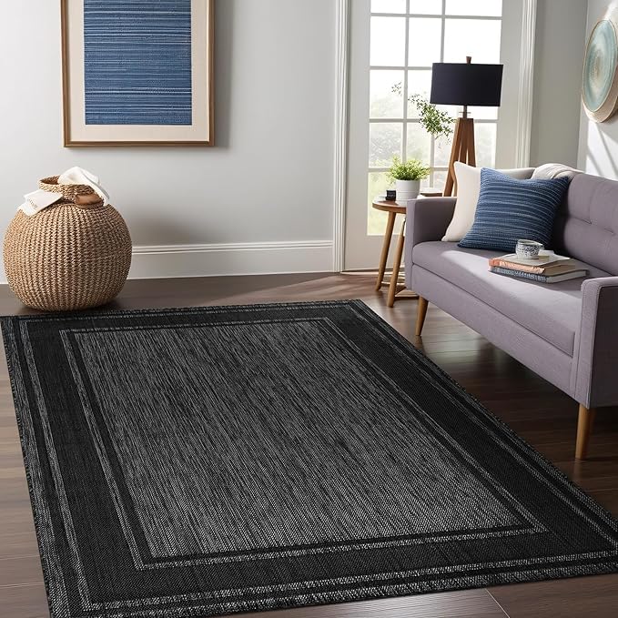 Beverly Rug Outdoor Rug 8x10 Modern Bordered Area Rugs for Indoor and Outdoor Patio Deck Porch Garden Waterproof Weather Sun Resistant Washable Outside Carpet (8 x 10 Black)-Ruum Studio Home