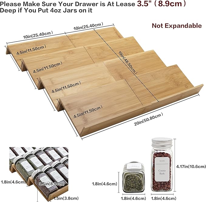 Bamboo Spice Rack Drawer Organizer - 8 Pieces Set- 10" Wide Per Piece - Combine Pieces Into 20" Wide Rack (10" or 20")-Ruum Studio Home