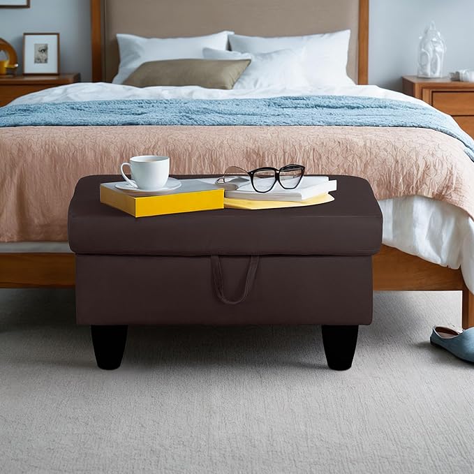 Ottoman Rectangular Storage Ottoman Bench, Flannel Footrest Stool Footstool with Lid for Living Room, Bedroom, Entryway, Dark Coffee, 28.5"x19"x17.5"-Ruum Studio Home