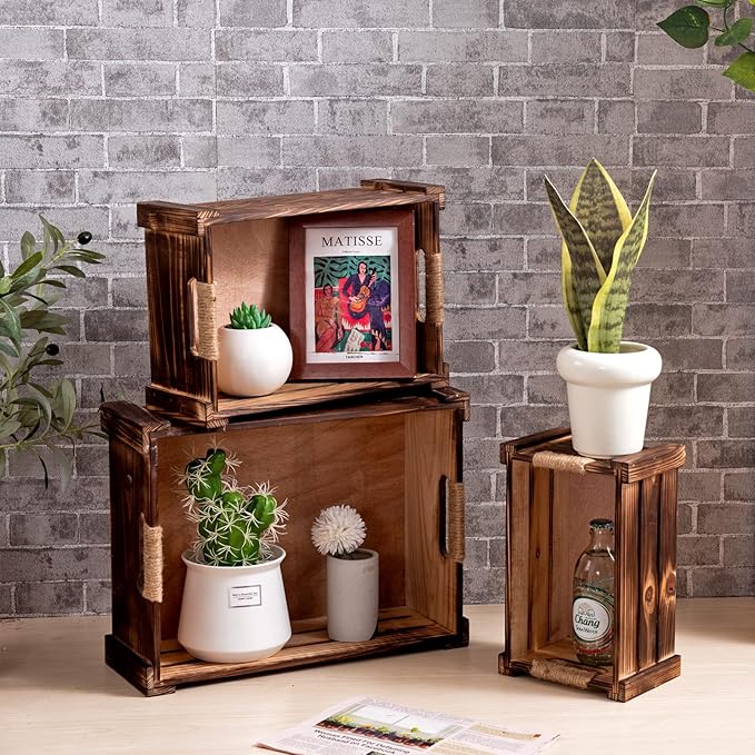 TIMRIS Set of 3 Rustic Wood Nesting Crates, Farmhouse Wooden Storage Container Boxes with Cutout Handles, Decorative Wooden Baskets for Display (Rustic Brown)-Ruum Studio Home