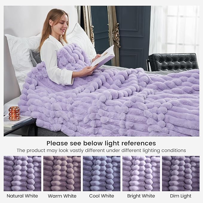Cozy Bliss Faux Fur Throw Blanket for Couch, Cozy Warm Plush Striped Blanket for Sofa Bedroom Living Room, 60 * 80 Inches Lavender Purple-Ruum Studio Home