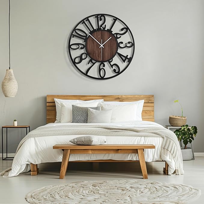 Maxstar Large Round Wall Clock for Living Room Decor Battery Operated Non Ticking Black Metal Wood Clocks for Home Living Room Garden Office Kitchen Decoration -40inch-Ruum Studio Home