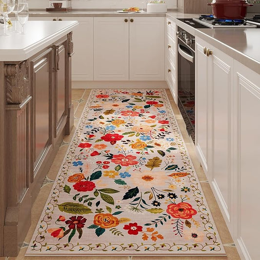 Runner Rug for Hallways Kitchen Rug Non Slip 2'6''x8' Washable Rugs with Rubber Backing Soft Floral Carpet Runner for Hallways, Kitchen, Laundry, Bedroom, Bathroom(Beige)-Ruum Studio Home