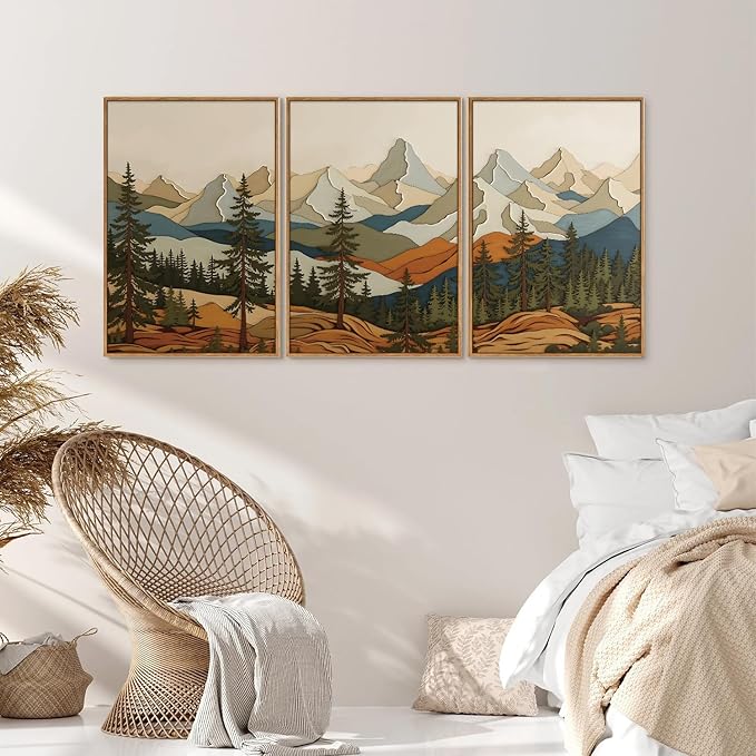 SIGNINART Vintage Mountains Framed Canvas Wall Art, Wooden Forest Wall Decor, Green Wood Pine Trees Wilderness Artwork, Metal Ridge Landscape Art Paintings for Living Room Bedroom Office 16"x24"x3-Ruum Studio Home