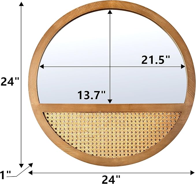 Rattan Round Mirror, 24 Inch Wall Mirror for Living Room Decor, Wooden Framed, Vintage Hanging Mirror, Hand-Woven for Wall Art Decoration-Ruum Studio Home