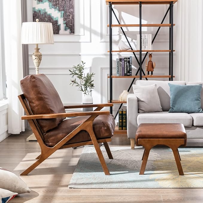 Wahson Brown Leather Accent Chair - Mid Century Modern Retro Upholstered Armchair with Wood Frame and Removable PU Cushions - Large Compfy Leisure Slipper Chair for Living Room/Bedroom (Set of 2)-Ruum Studio Home